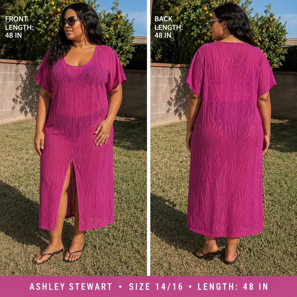 Ashley Stewart Fuchsia Pink Semi Sheer Cover Up Dress Plus 14/16 Beach Resort